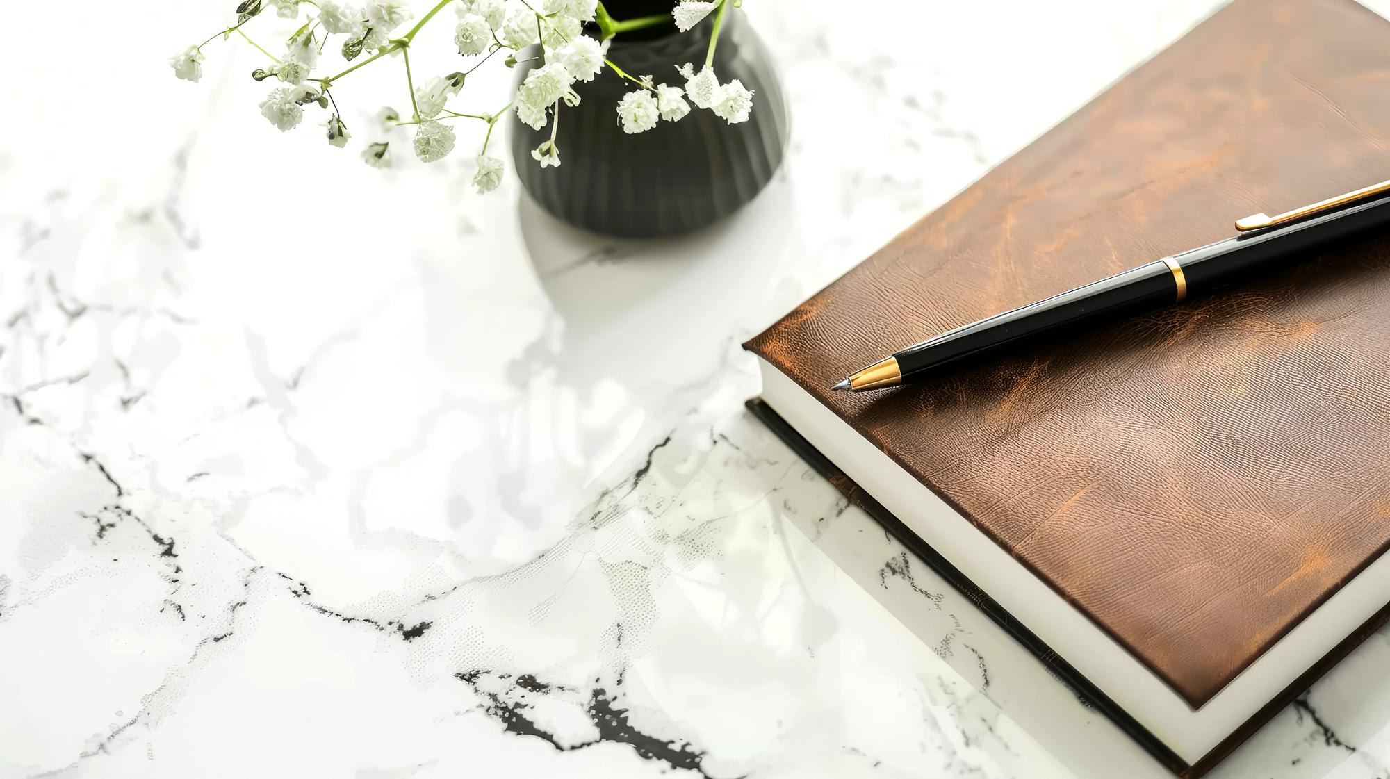 Marmor-Desk mit Notizbuch und Kugelschreiber