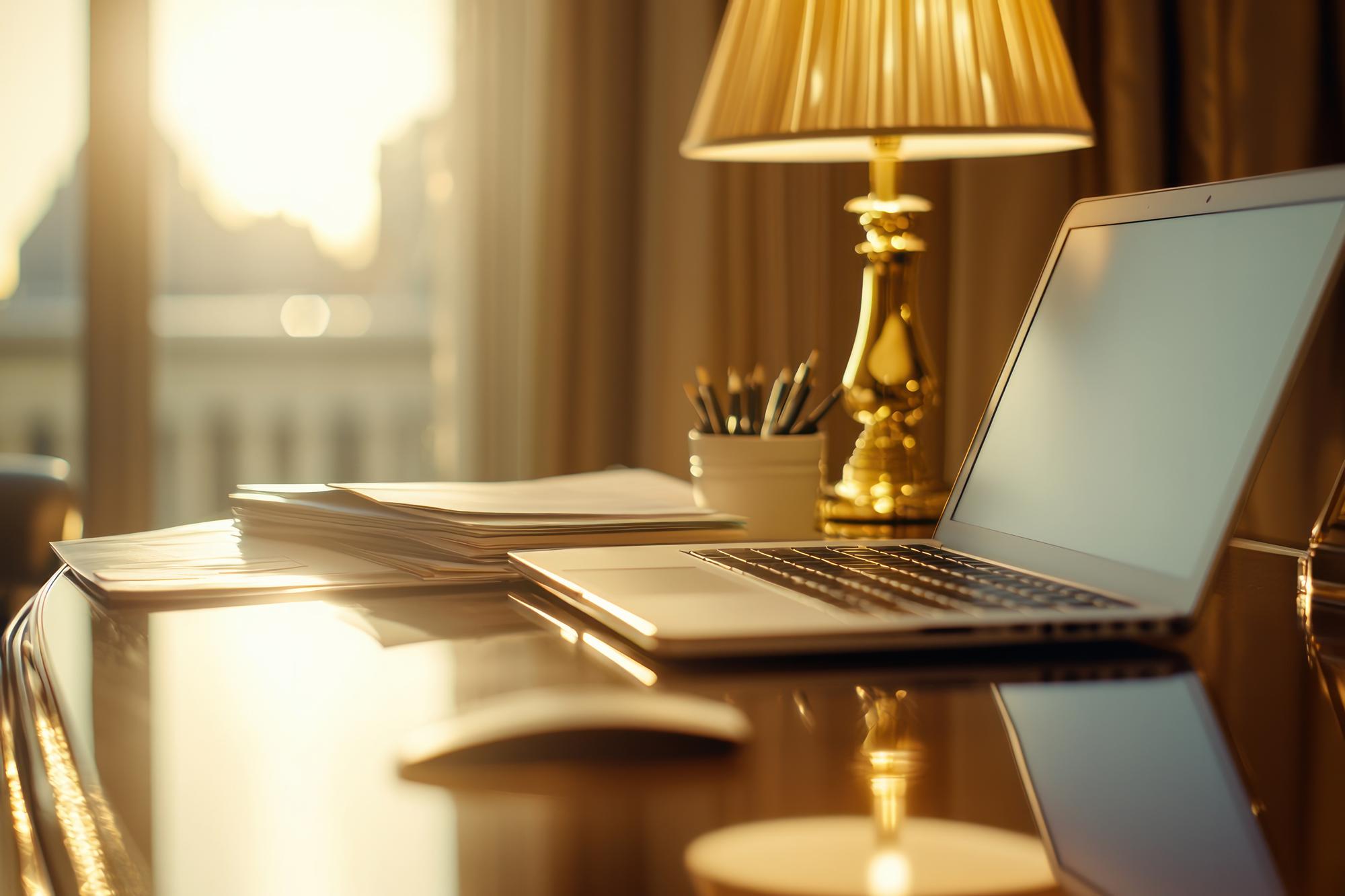 Elegantes Büro mit Finanzunterlagen und Goldakzenten